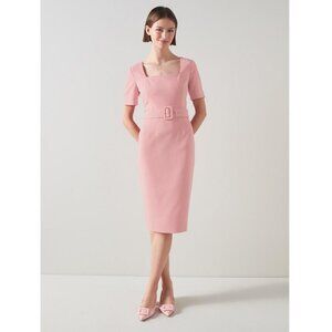 LK BENNETT Leonora Pink Shift Dress / Size 12 / Pink Crepe Belted Work